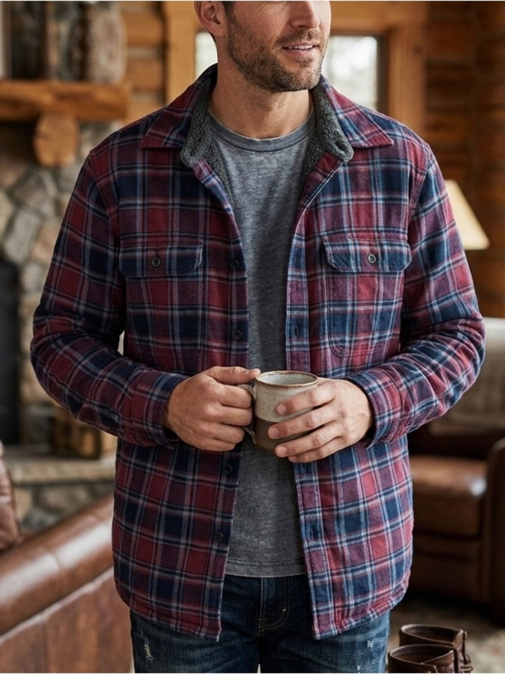 L.L. Bean Men's Burgundy and Navy Plaid Shirt Jacket